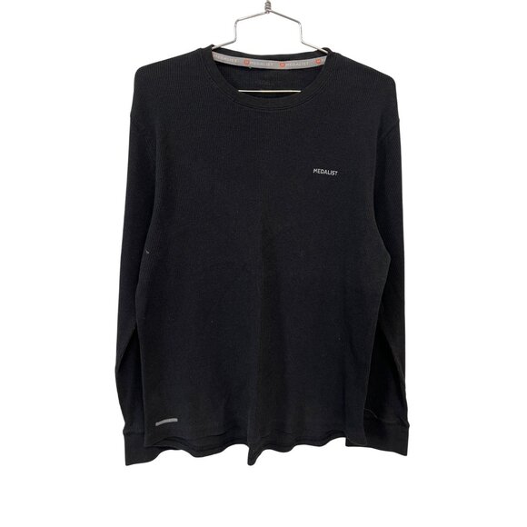 Y2K Medalist Waffle Knit Thermal Shirt SIze Large Crewneck Long Sleeve Black - Picture 1 of 6